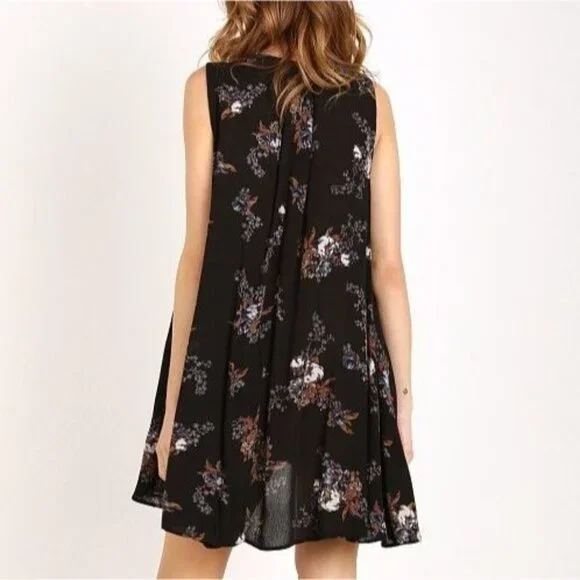 Free People Sz S Sleeveless Black Floral Swing Mini Dress Pockets Gauzy Boho - Picture 8 of 14